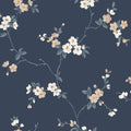 Engla wallpaper by Sandberg, trailing cream and beige blossom sprigs on a deep navy blue ground, flat swatch