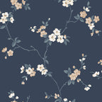 Engla wallpaper by Sandberg, trailing cream and beige blossom sprigs on a deep navy blue ground, flat swatch