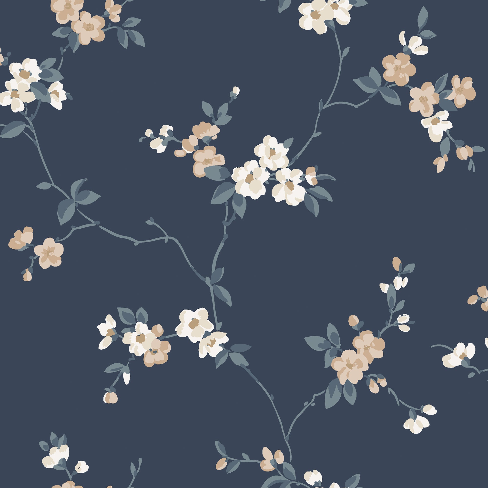 Engla wallpaper by Sandberg, trailing cream and beige blossom sprigs on a deep navy blue ground, flat swatch