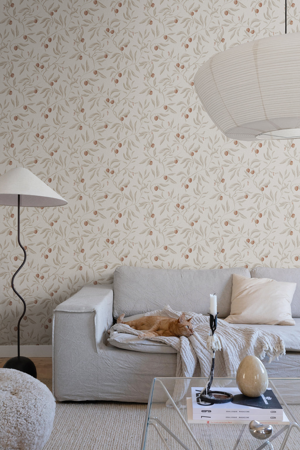 Vinnie wallpaper by Sandberg in Linen, styled on an interior wall