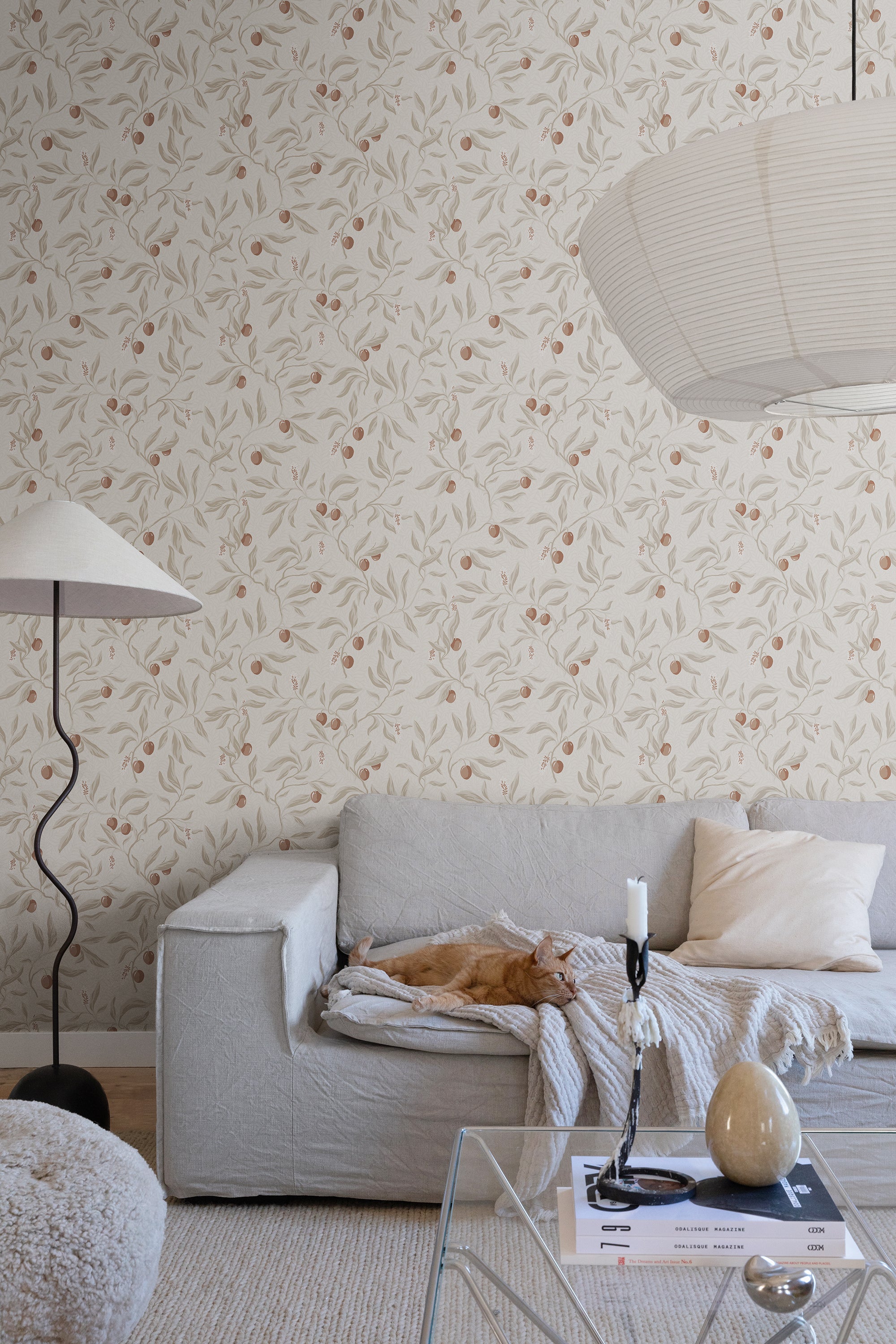 Vinnie wallpaper by Sandberg in Linen, styled on an interior wall