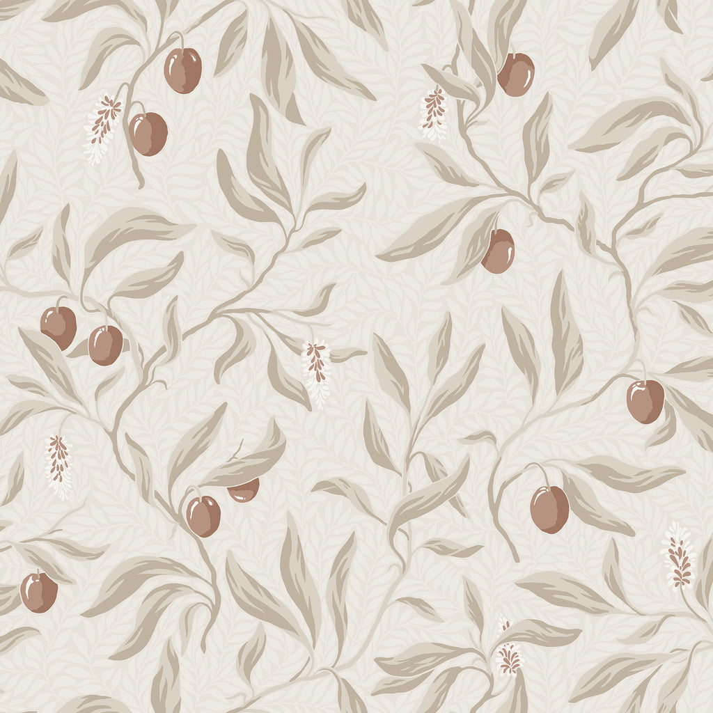 Vinnie wallpaper by Sandberg in soft beige with taupe leaves and russet berries, flat swatch
