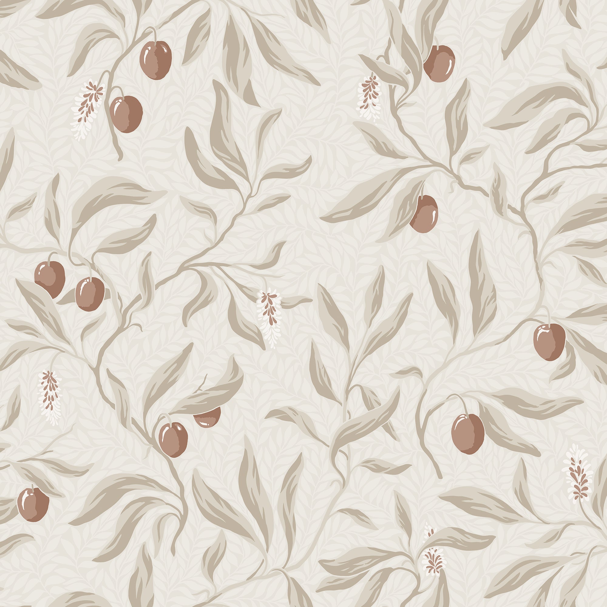 Vinnie wallpaper by Sandberg in soft beige with taupe leaves and russet berries, flat swatch