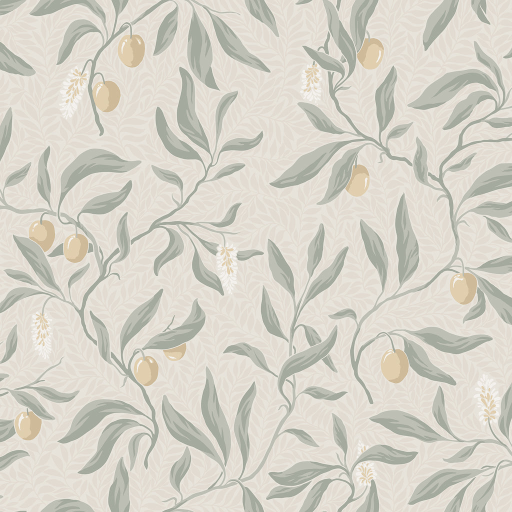 Vinnie wallpaper by Sandberg in greige with sage leaves and golden berries, flat swatch