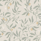 Vinnie wallpaper by Sandberg in greige with sage leaves and golden berries, flat swatch