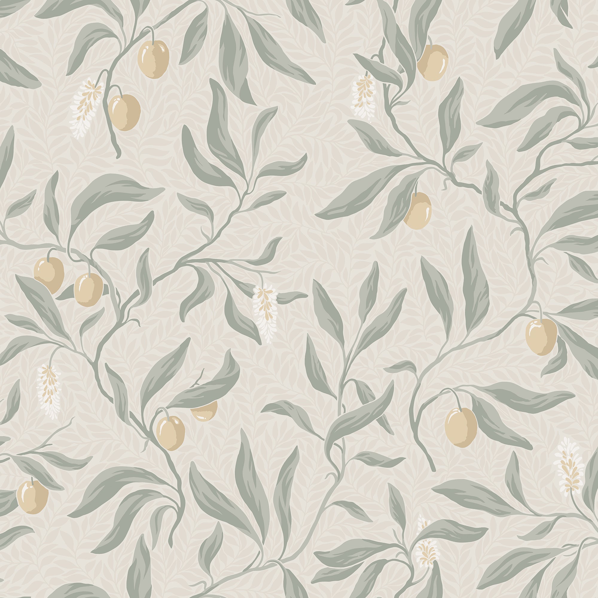 Vinnie wallpaper by Sandberg in greige with sage leaves and golden berries, flat swatch
