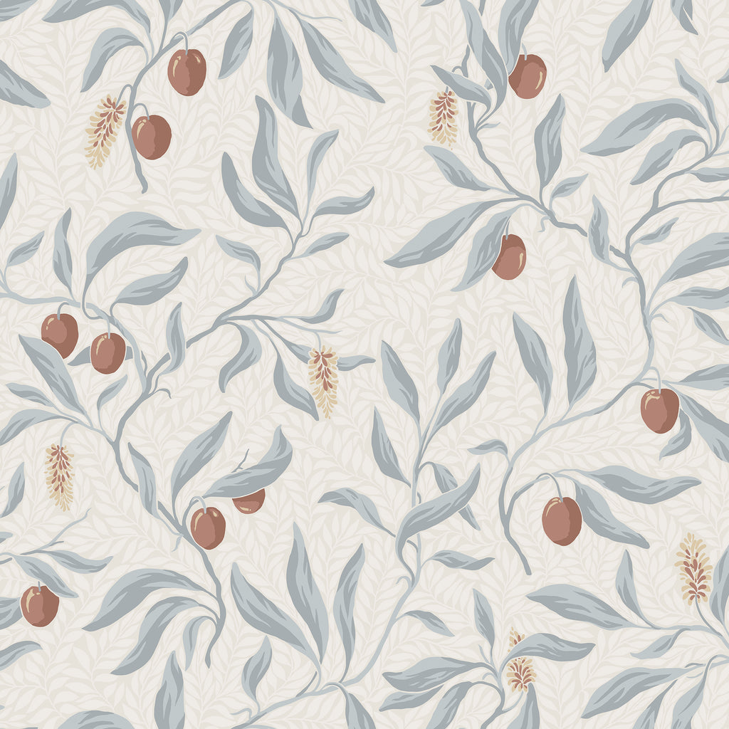 Vinnie wallpaper by Sandberg in cream with pale grey-blue leaves and rust berries, flat swatch