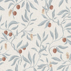 Vinnie wallpaper by Sandberg in cream with pale grey-blue leaves and rust berries, flat swatch