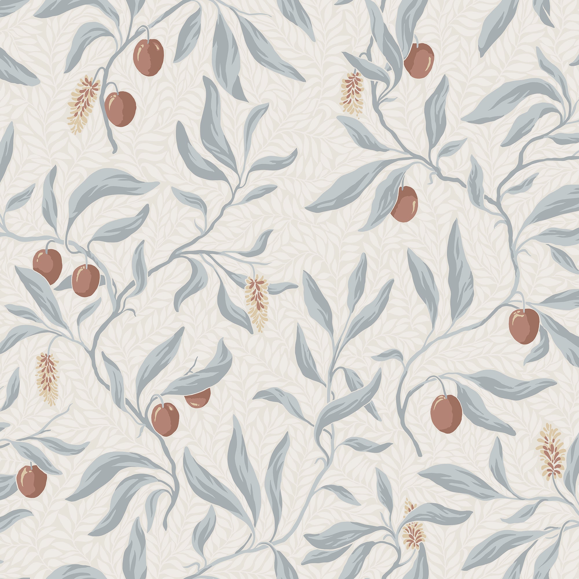 Vinnie wallpaper by Sandberg in cream with pale grey-blue leaves and rust berries, flat swatch