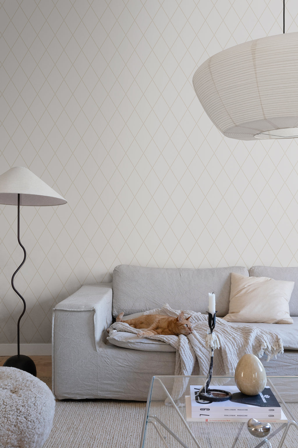 Gabriel wallpaper by Sandberg in Eggshell, styled on an interior wall