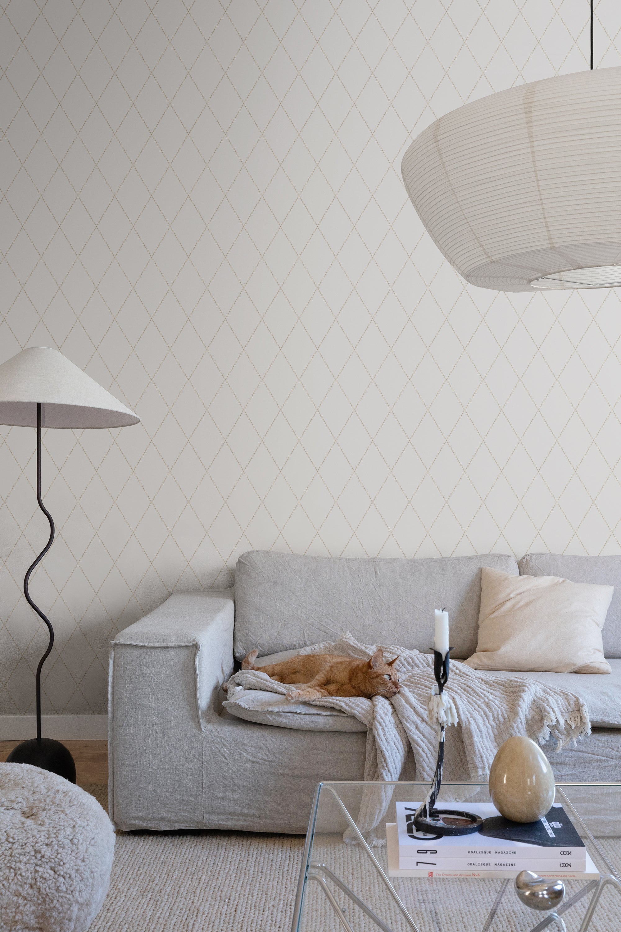Gabriel wallpaper by Sandberg in Eggshell, styled on an interior wall