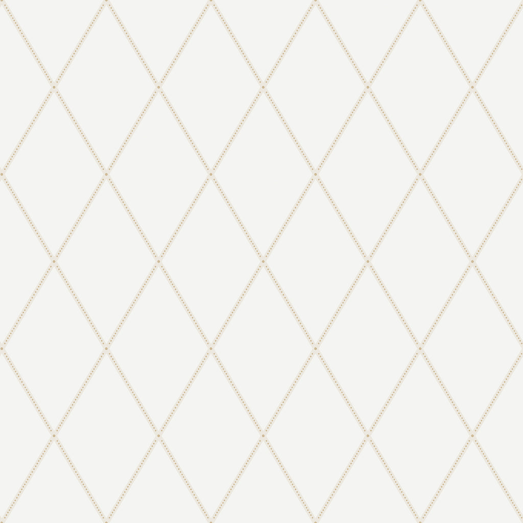 Gabriel wallpaper by Sandberg, flat swatch of a dotted diamond trellis in soft gold on white