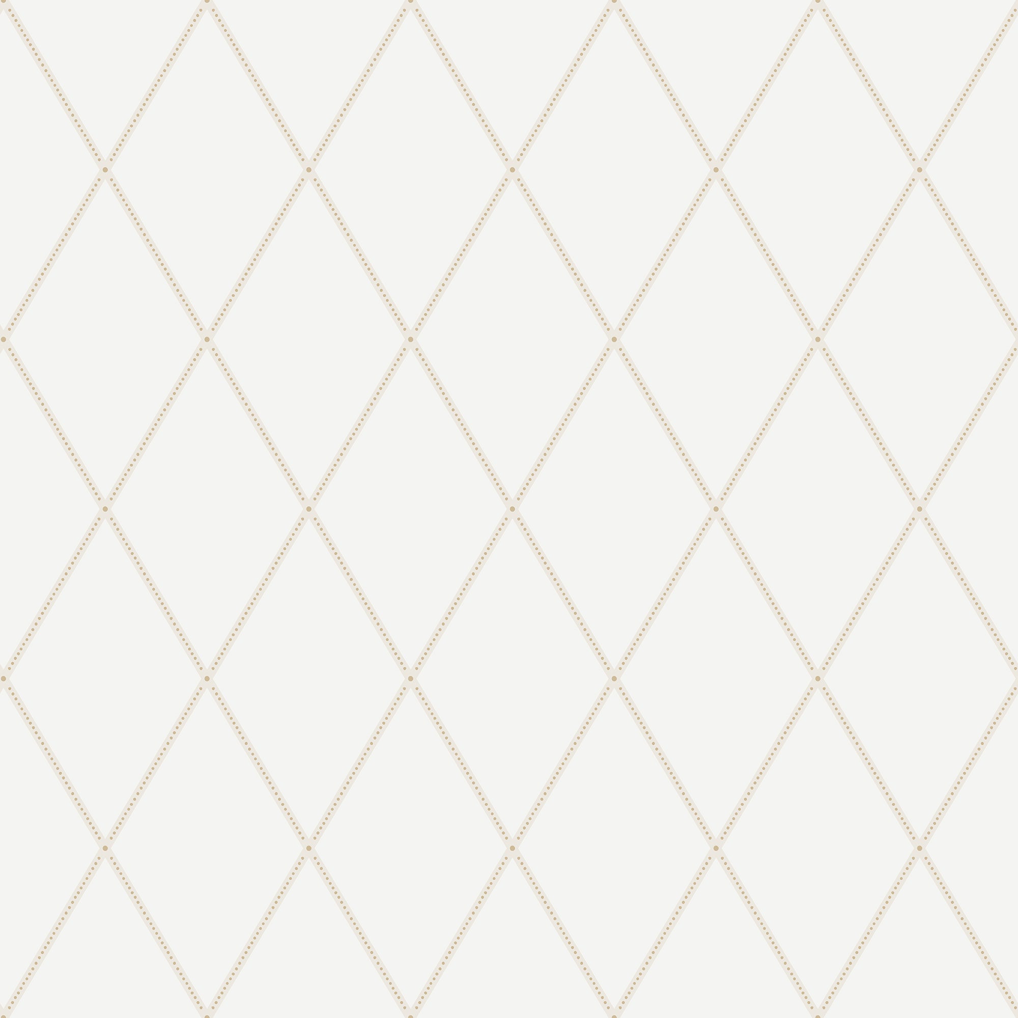 Gabriel wallpaper by Sandberg, flat swatch of a dotted diamond trellis in soft gold on white