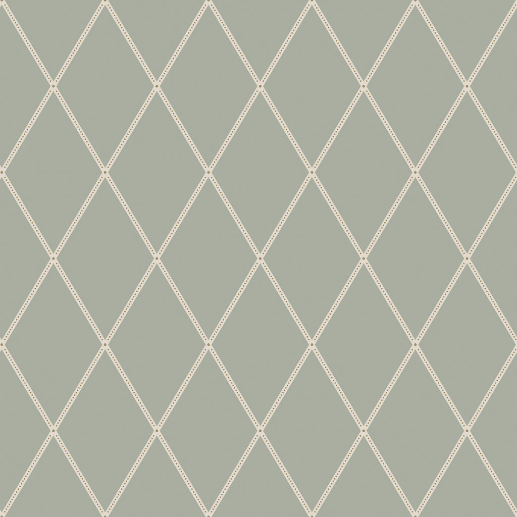 Gabriel wallpaper by Sandberg, flat swatch of a dotted diamond trellis in cream on sage green