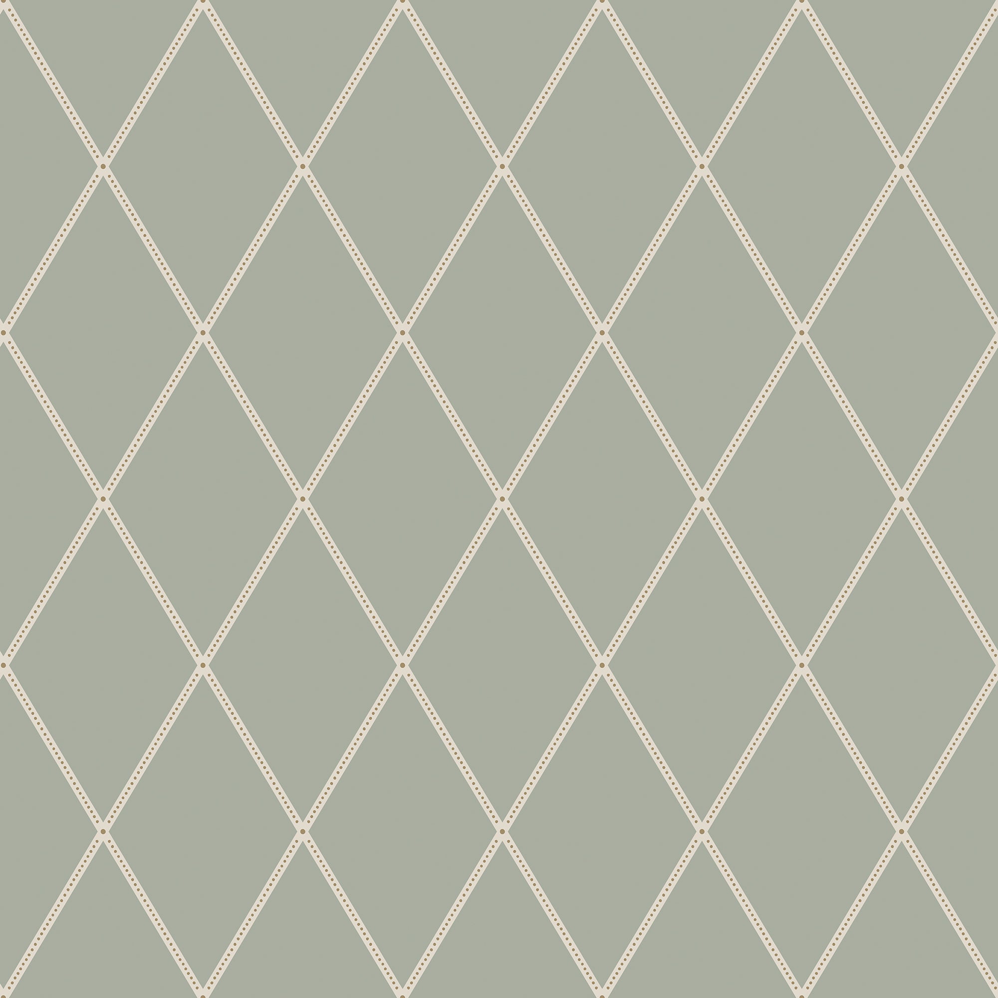 Gabriel wallpaper by Sandberg, flat swatch of a dotted diamond trellis in cream on sage green