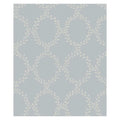 Wilma wallpaper by Sandberg, flat swatch of the leafy wreath trellis in cream on a soft blue-grey ground