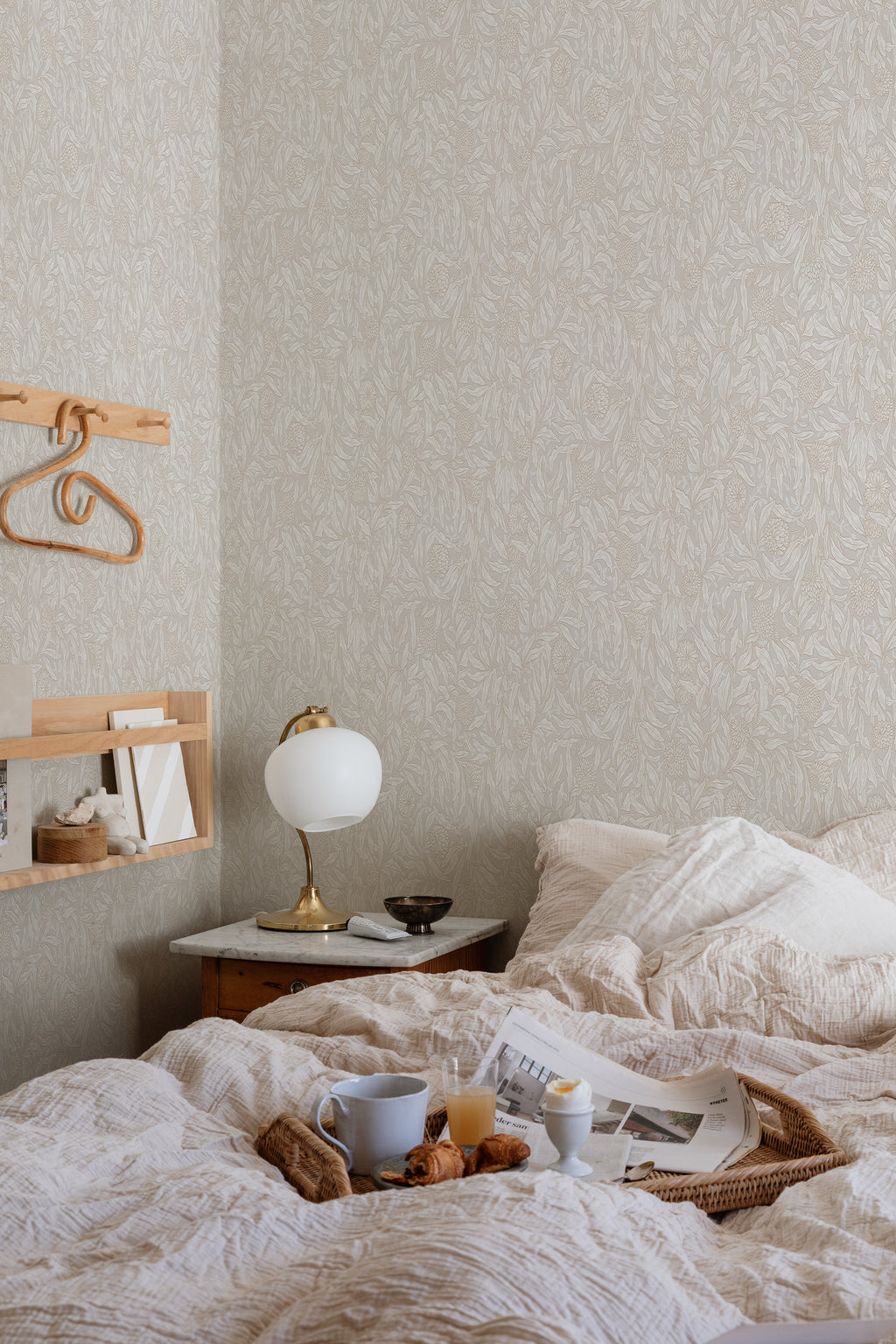 Olof wallpaper by Sandberg in Sandstone, styled on an interior wall