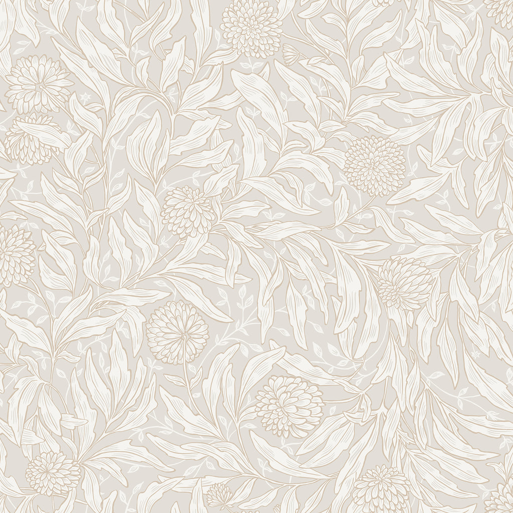 Olof wallpaper by Sandberg in soft greige, leafy willow and pompom bloom design tone-on-tone, flat roll swatch
