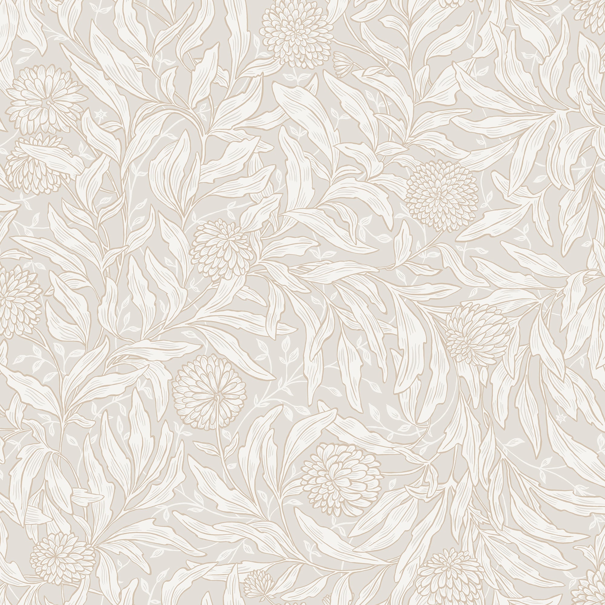 Olof wallpaper by Sandberg in soft greige, leafy willow and pompom bloom design tone-on-tone, flat roll swatch