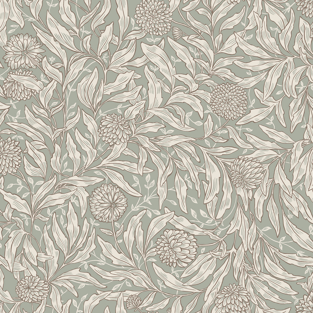 Olof wallpaper by Sandberg in sage green, trailing willow leaves and pompom flower pattern in cream, flat roll swatch