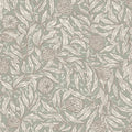 Olof wallpaper by Sandberg in sage green, trailing willow leaves and pompom flower pattern in cream, flat roll swatch