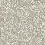 Olof wallpaper by Sandberg in sage green, trailing willow leaves and pompom flower pattern in cream, flat roll swatch