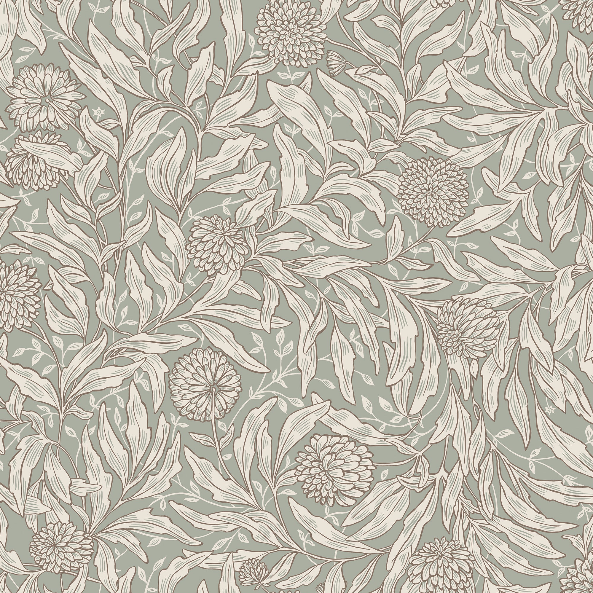 Olof wallpaper by Sandberg in sage green, trailing willow leaves and pompom flower pattern in cream, flat roll swatch