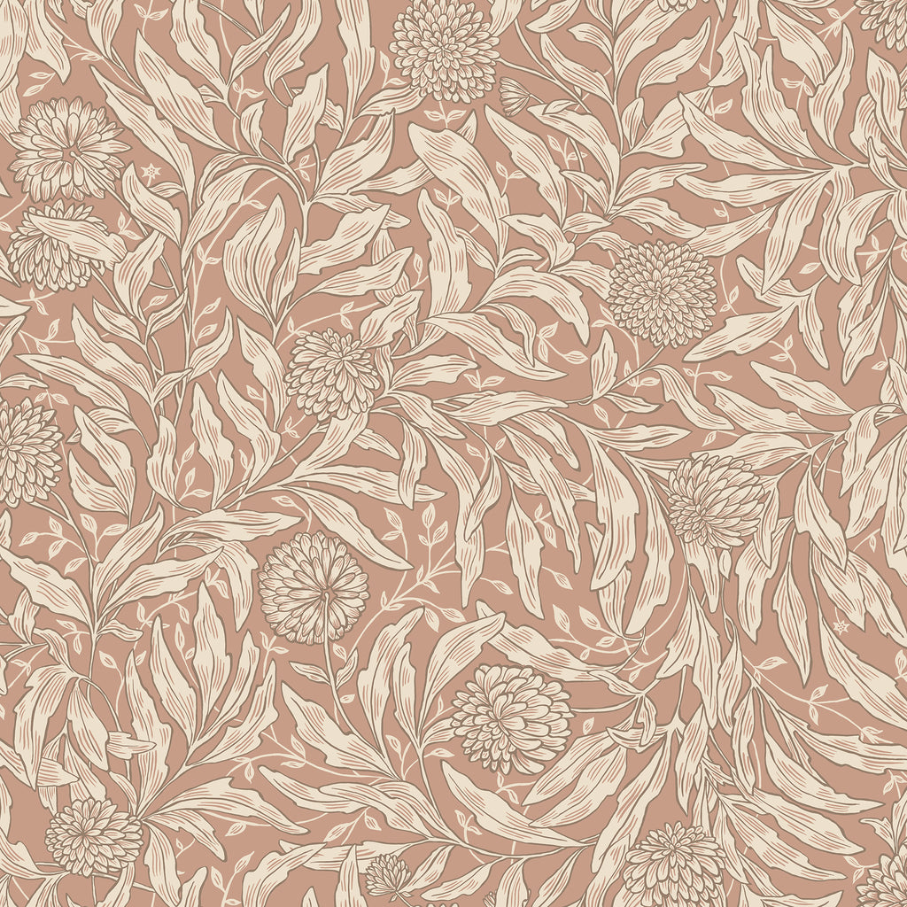 Olof wallpaper by Sandberg in terracotta clay pink, cream willow leaves and round flowers, flat roll swatch