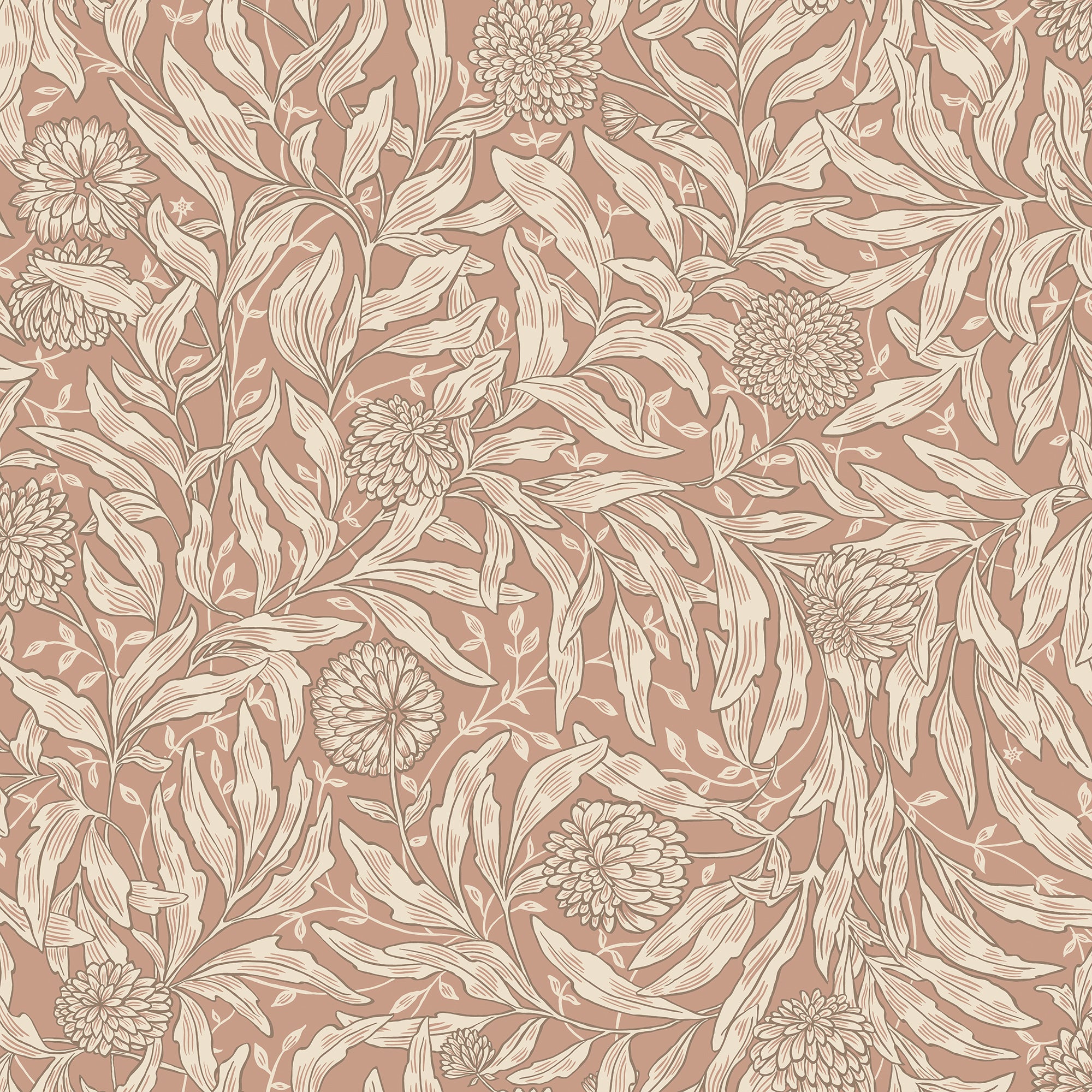 Olof wallpaper by Sandberg in terracotta clay pink, cream willow leaves and round flowers, flat roll swatch