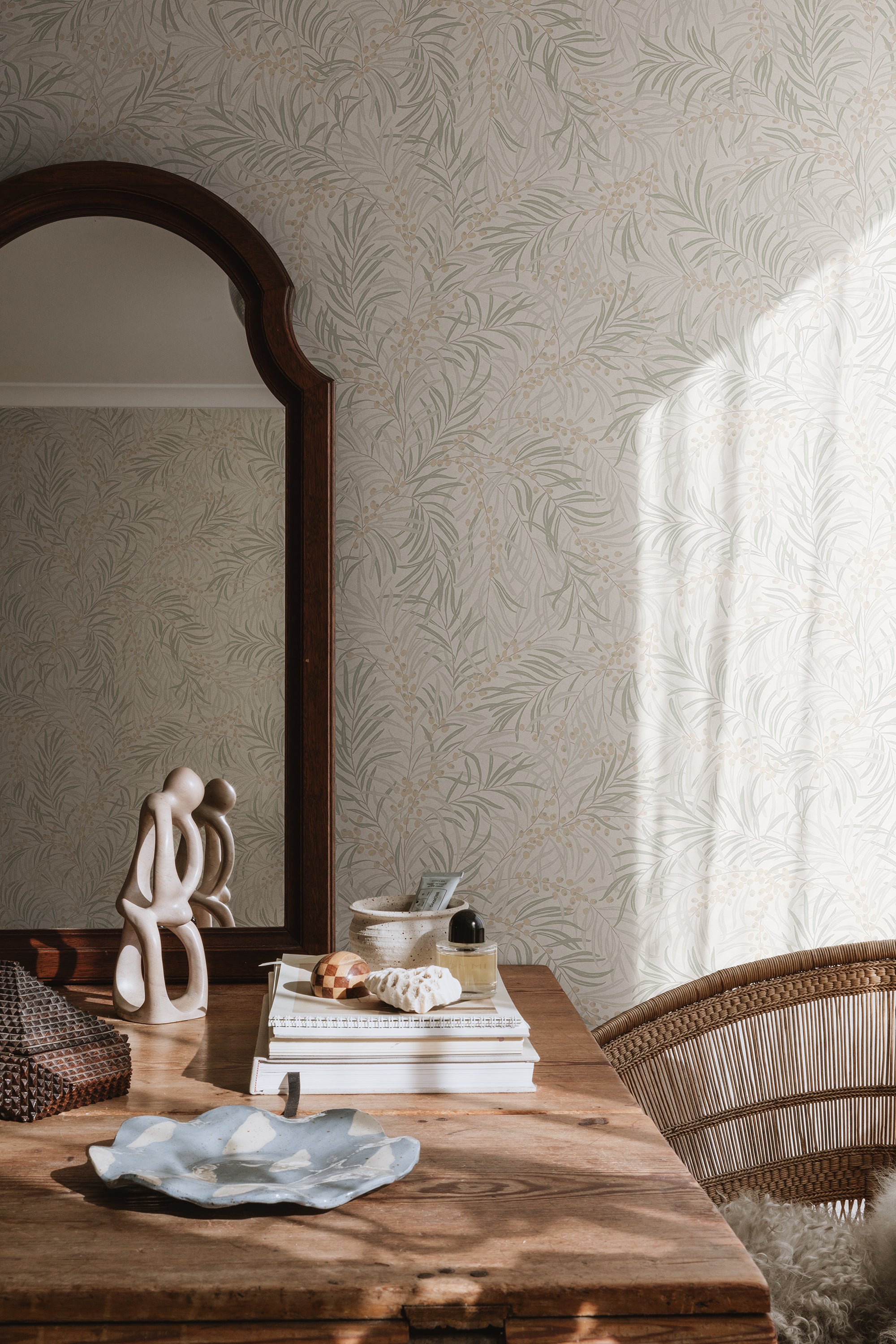 Idun wallpaper by Sandberg in Sandstone, styled on an interior wall