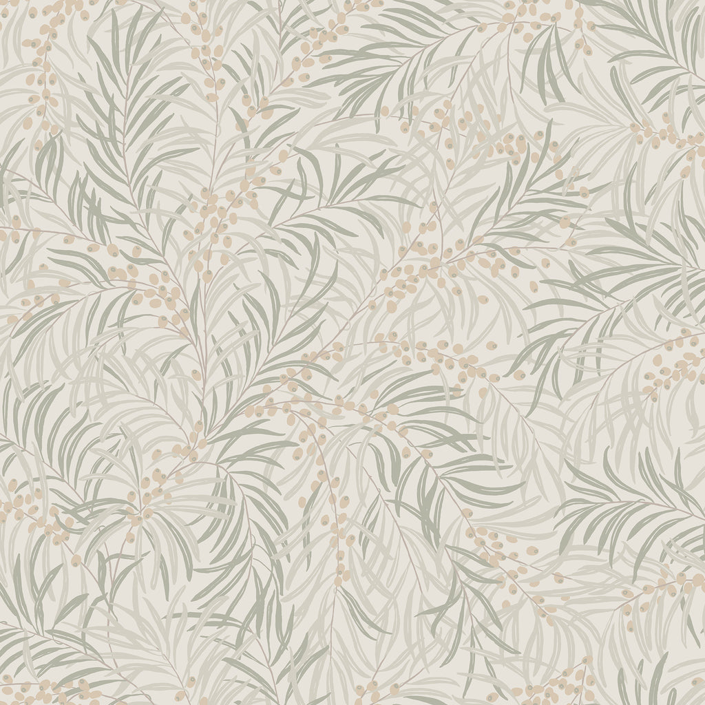 Idun wallpaper by Sandberg in sage green and beige berries on cream, leafy branch botanical, flat swatch