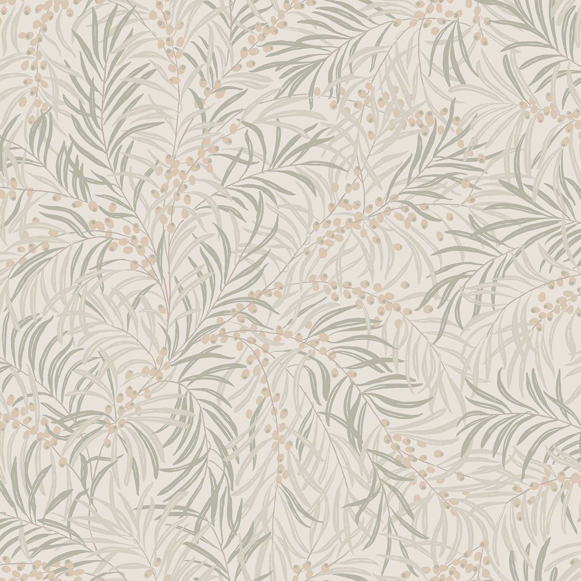 Idun wallpaper by Sandberg in sage green and beige berries on cream, leafy branch botanical, flat swatch