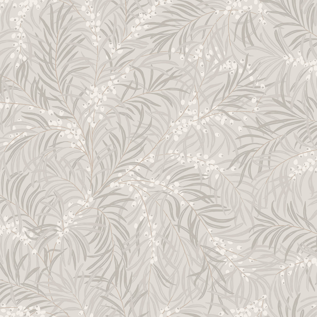 Idun wallpaper by Sandberg in soft grey and white, willow-leaf berry branches on pale stone, flat swatch