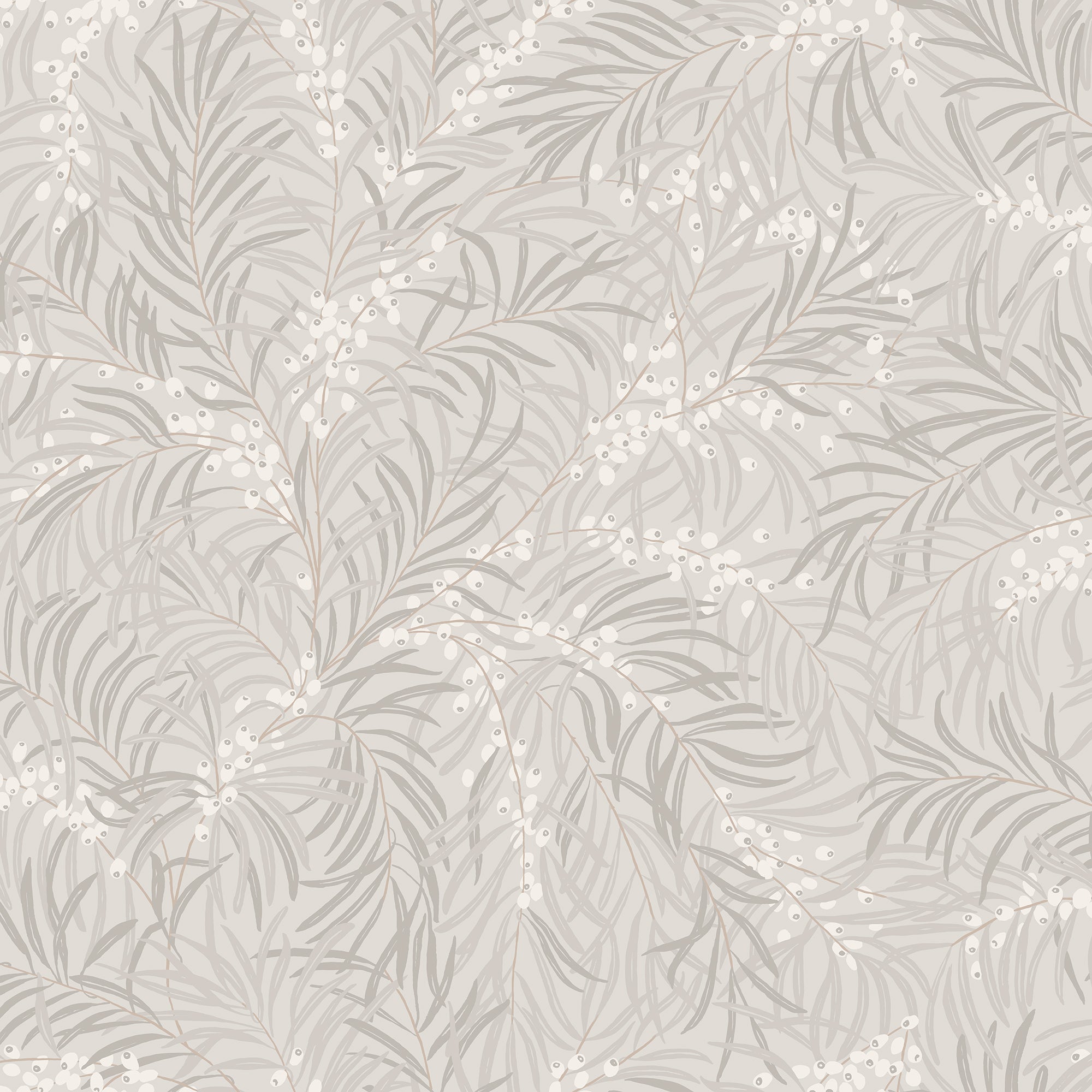 Idun wallpaper by Sandberg in soft grey and white, willow-leaf berry branches on pale stone, flat swatch
