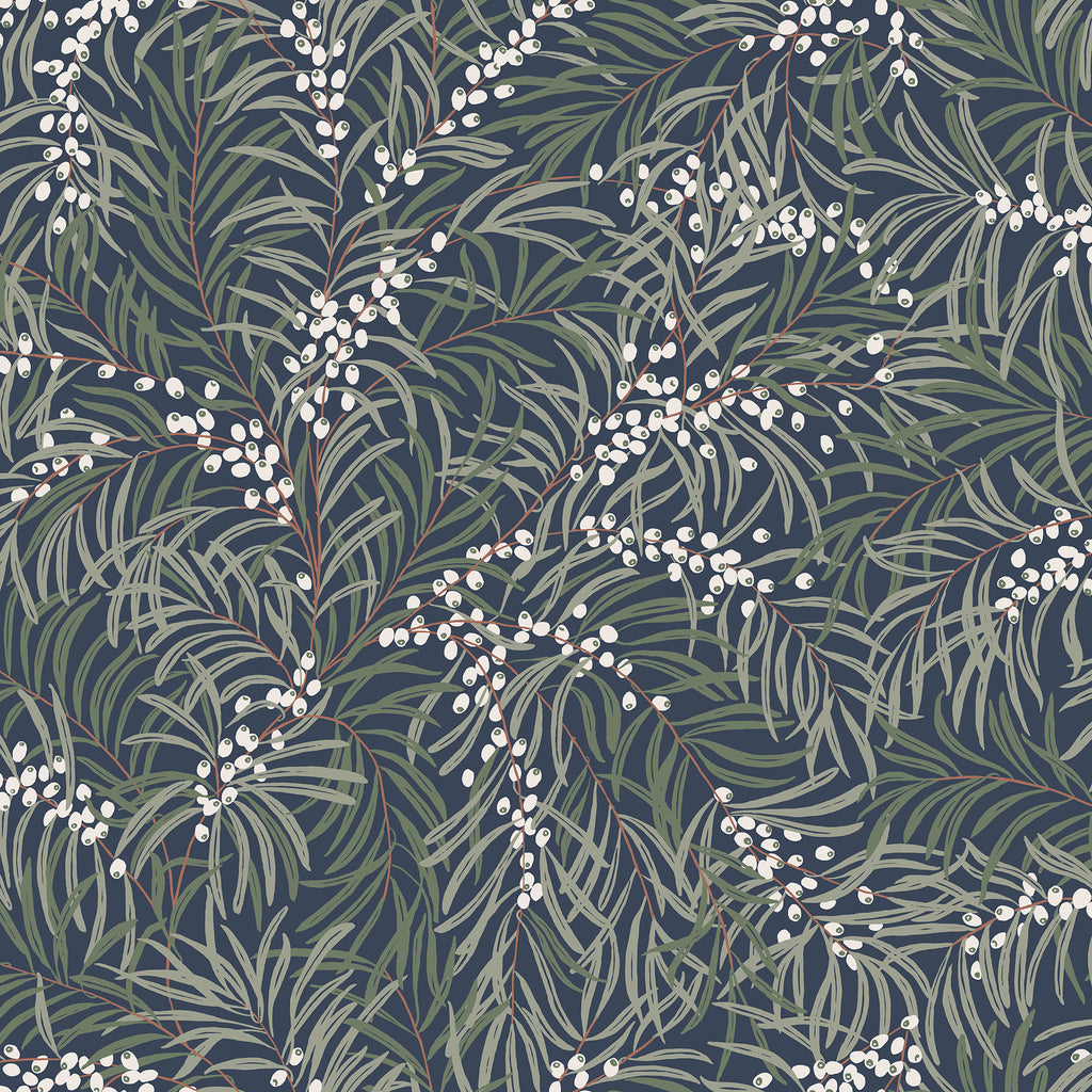 Idun wallpaper by Sandberg, leafy berry branches in sage green and white on a deep navy ground, flat swatch