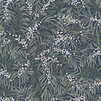 Idun wallpaper by Sandberg, leafy berry branches in sage green and white on a deep navy ground, flat swatch