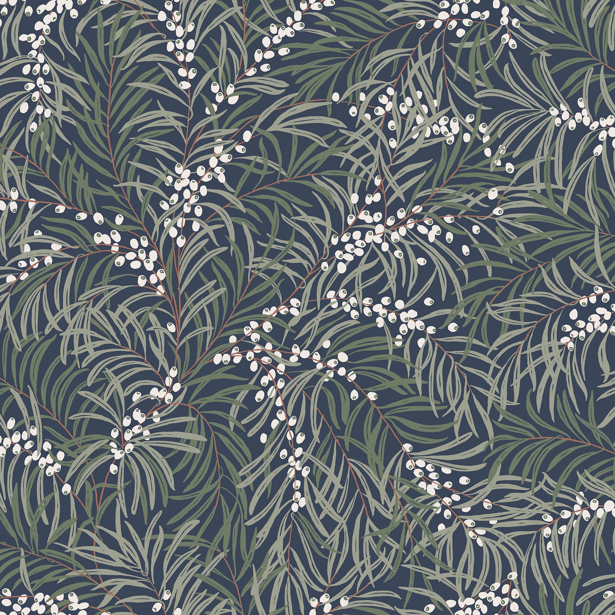 Idun wallpaper by Sandberg, leafy berry branches in sage green and white on a deep navy ground, flat swatch