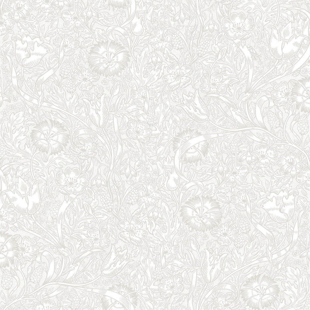 Caroline wallpaper by Sandberg in soft white tone-on-tone, delicate floral and foliage pattern, flat roll swatch