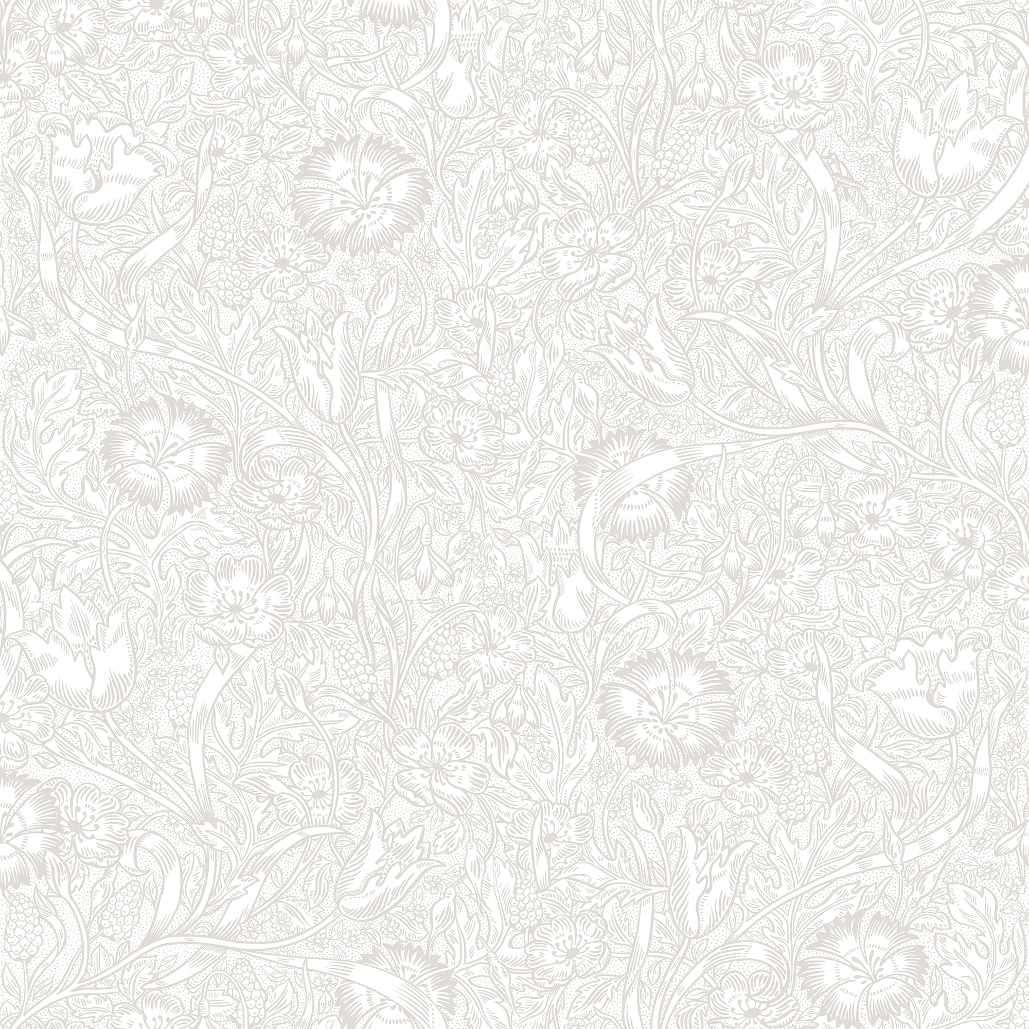 Caroline wallpaper by Sandberg in soft white tone-on-tone, delicate floral and foliage pattern, flat roll swatch