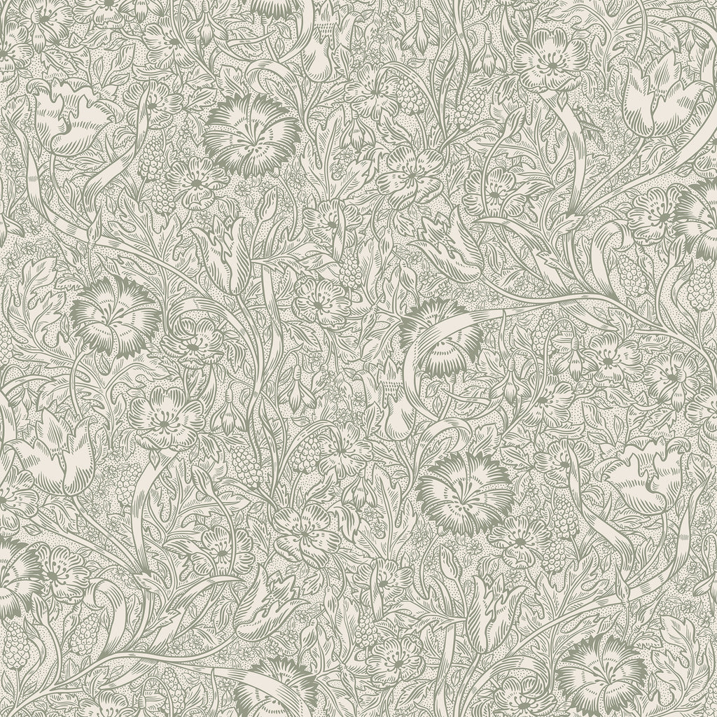 Caroline wallpaper by Sandberg in sage green, detailed dianthus and meadow flower design, flat roll swatch