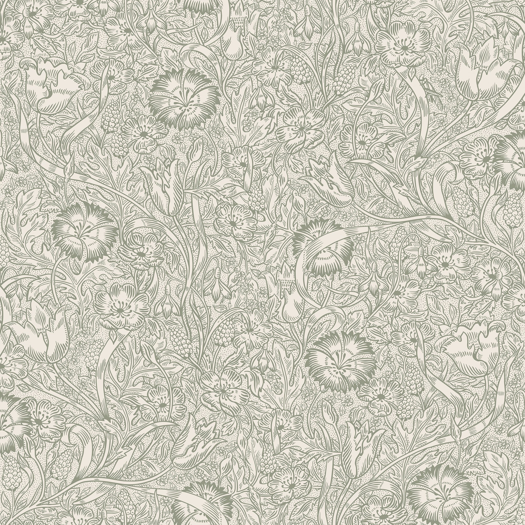 Caroline wallpaper by Sandberg in sage green, detailed dianthus and meadow flower design, flat roll swatch