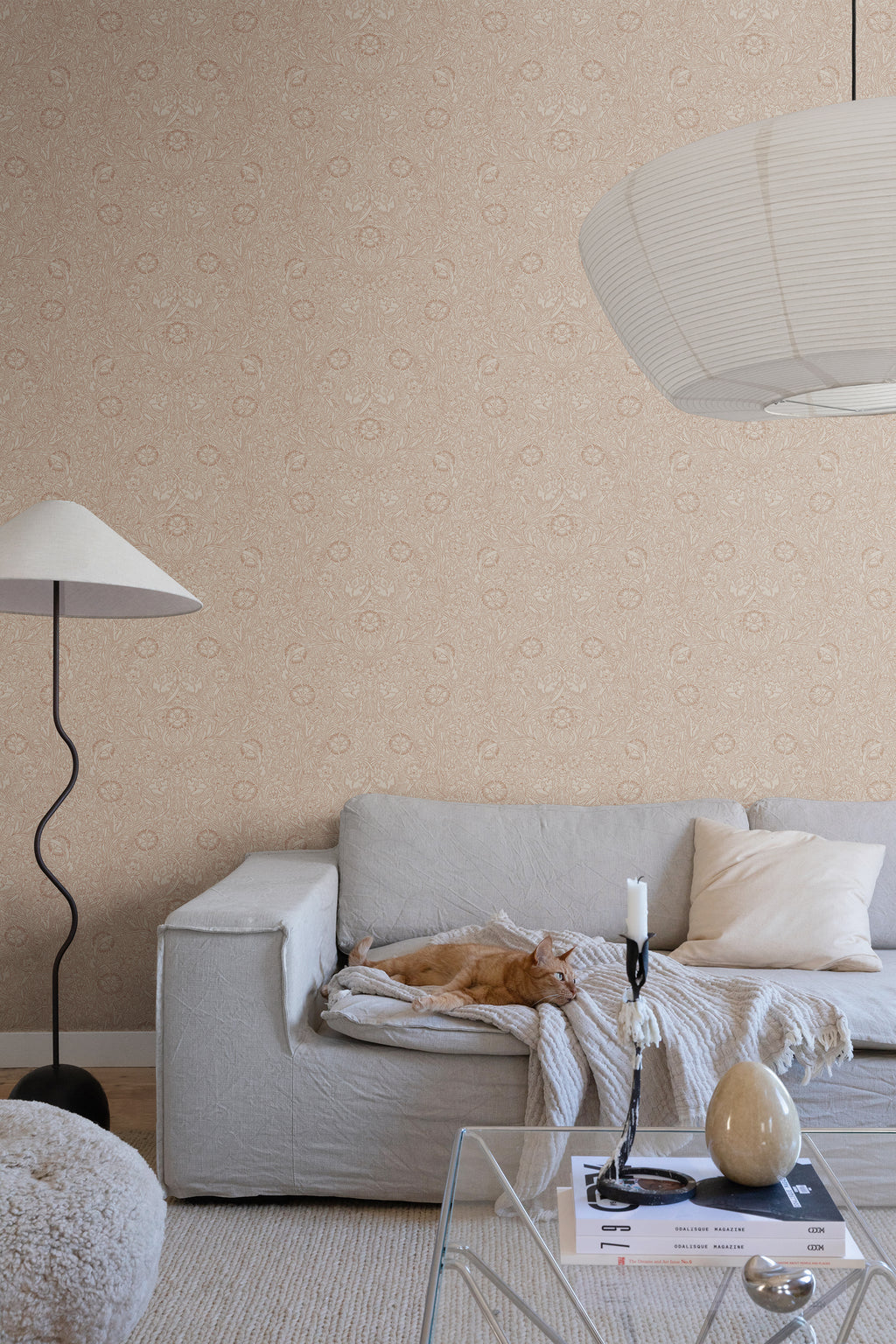 Caroline wallpaper by Sandberg in Terracotta, styled on an interior wall