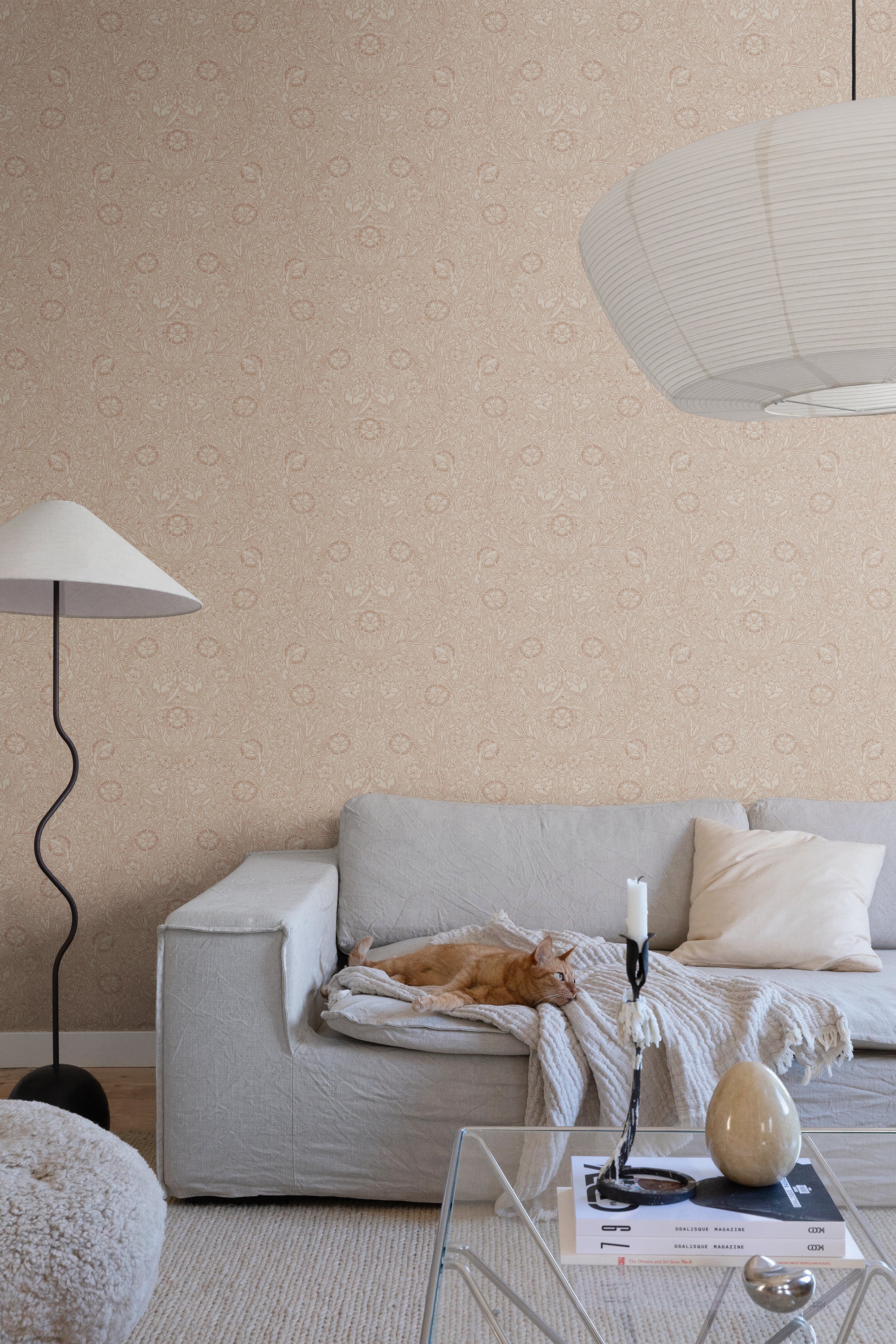 Caroline wallpaper by Sandberg in Terracotta, styled on an interior wall