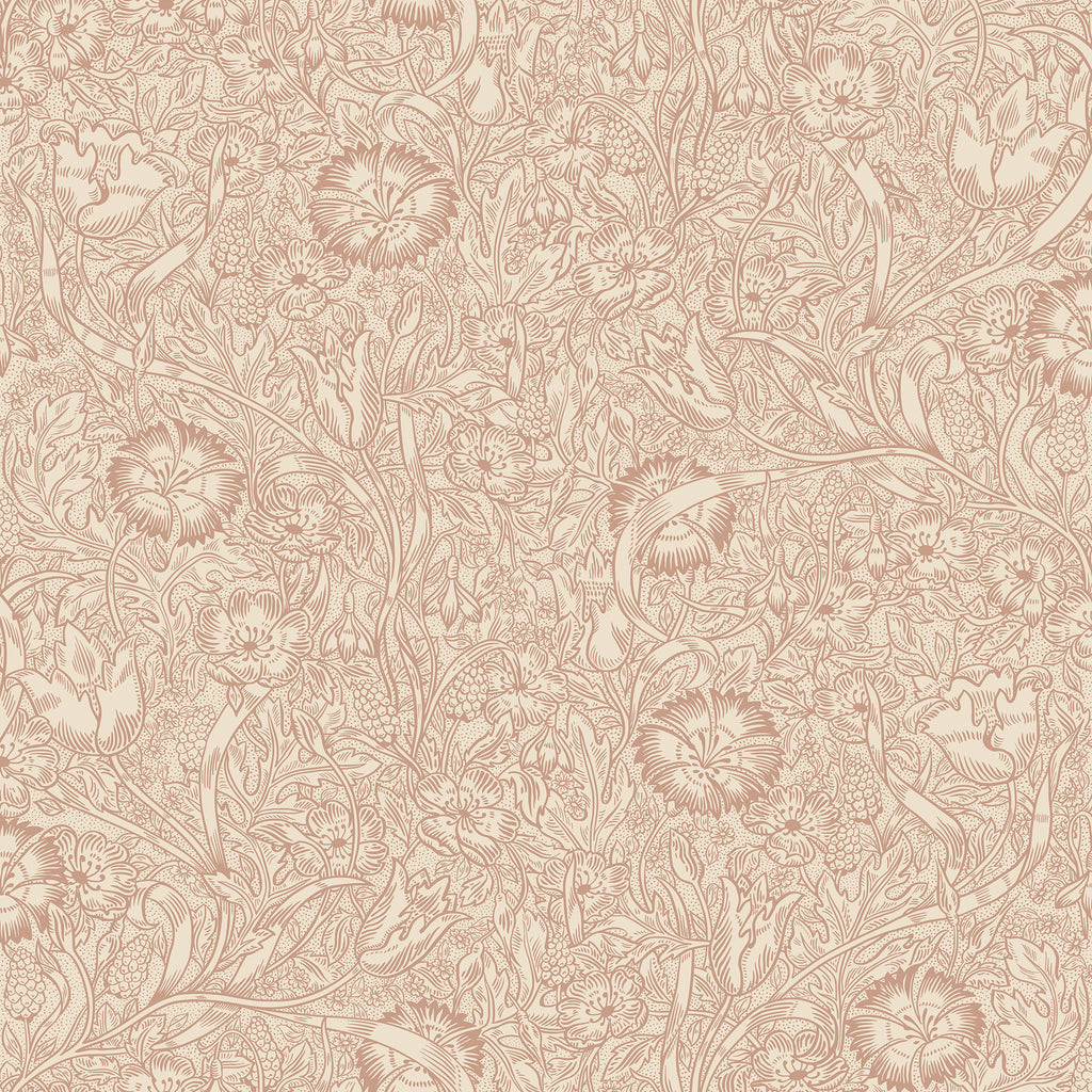 Caroline wallpaper by Sandberg in dusky blush pink, scrolling dianthus and wildflower motif, flat roll swatch