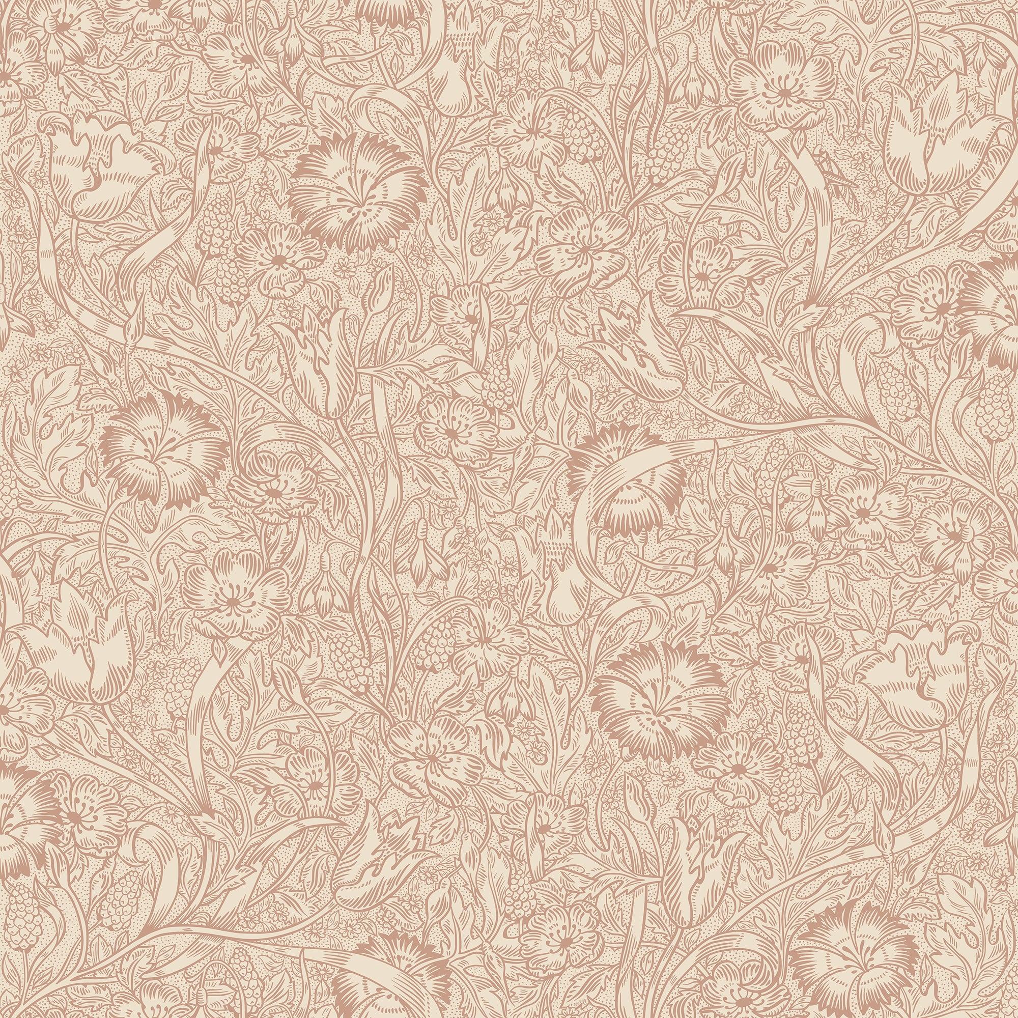 Caroline wallpaper by Sandberg in dusky blush pink, scrolling dianthus and wildflower motif, flat roll swatch