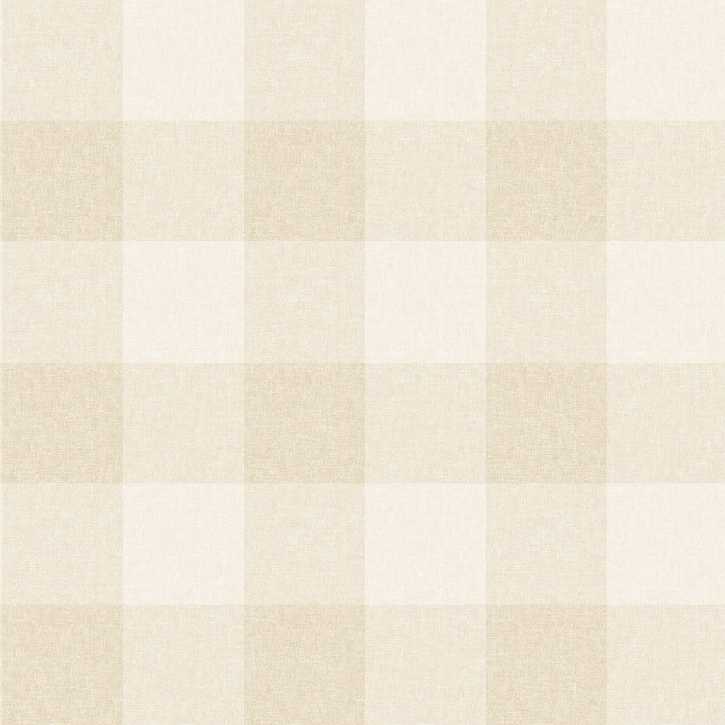 Lykke wallpaper by Sandberg in warm beige sand, large buffalo-check plaid with linen texture, flat roll swatch