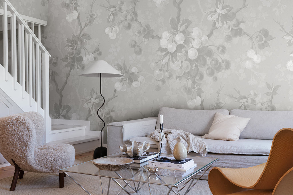 Franka wall mural by Sandberg in Mineral Gray, styled on an interior wall