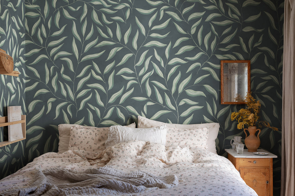 Jennie wall mural by Sandberg in Classic Blue, styled on an interior wall