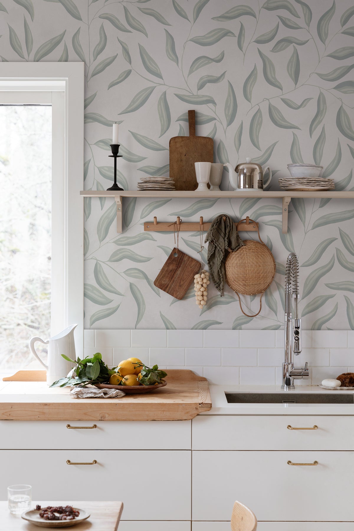 Jennie wall mural by Sandberg in Spring Green, styled on an interior wall