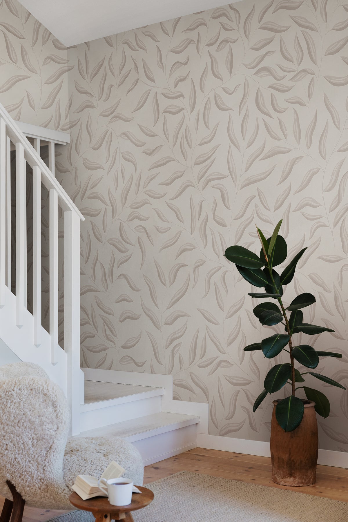 Jennie wall mural by Sandberg in Hazel, styled on an interior wall